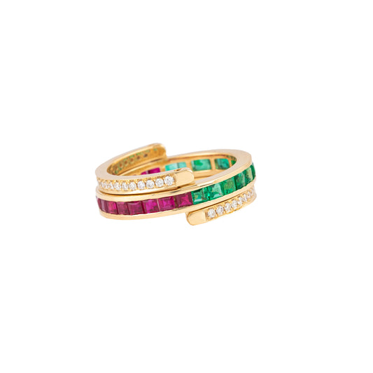 Duo mix Ring Diamond with Ruby and Emerald 18k White Gold 2.45 ct