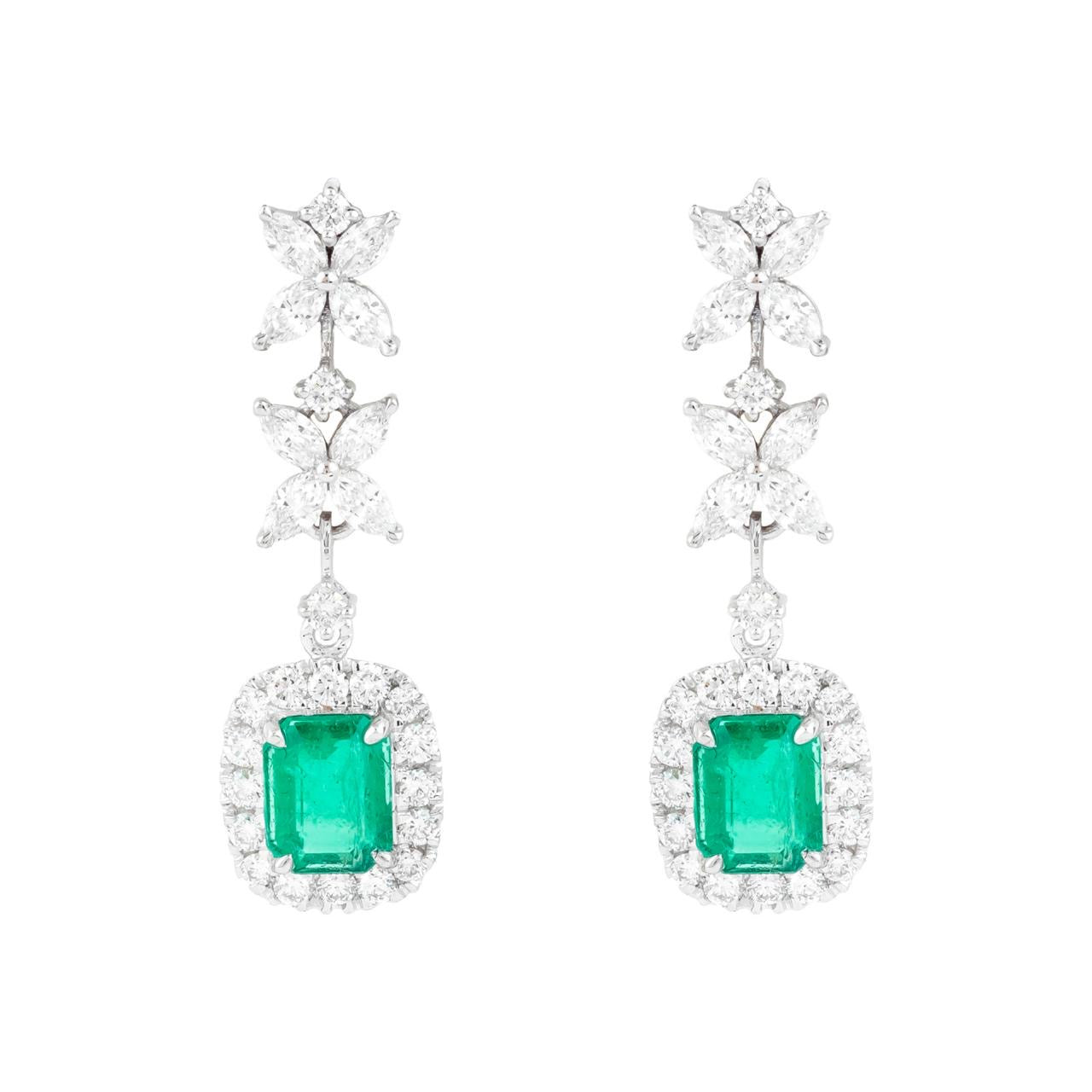 Earring Emerald and Dimond Hoop 18k White Gold