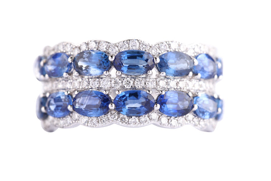 Blue Sapphire and Diamond Ring 18k White Gold 3.97 ct