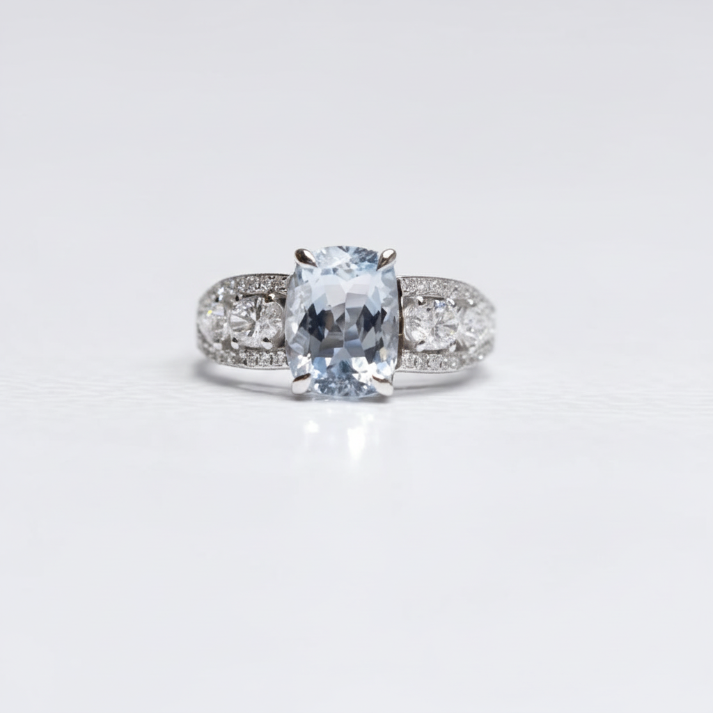 Ring Aquamarine and Diamond 18k White Gold 1.87 ct